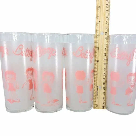 Betty Boop Pink Drinking Frosted Glasses Set Of 4 10 Oz Slim 1988 Vintage - Picture 6 of 8